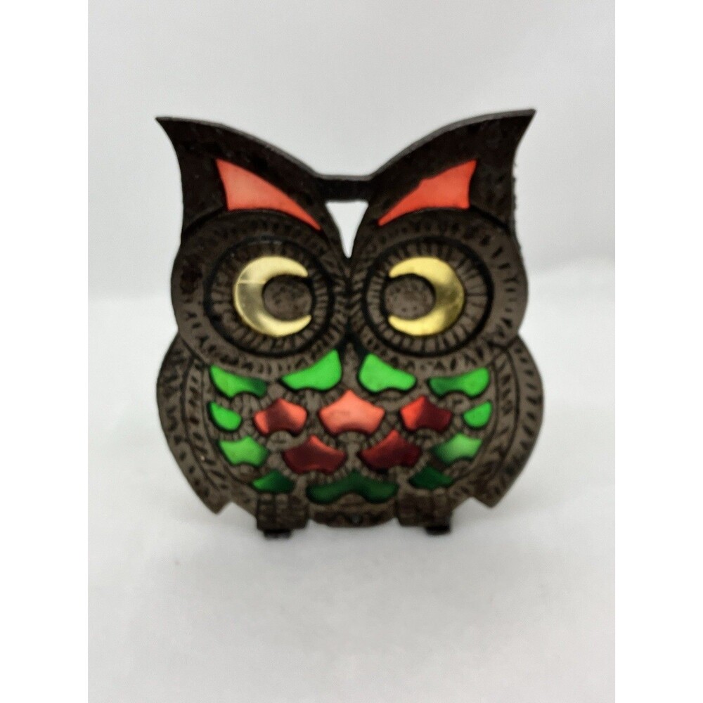 Vintage 1960-70’s  Owl Stained Glass Cast Iron Napkin Holder Made Taiwan Decor